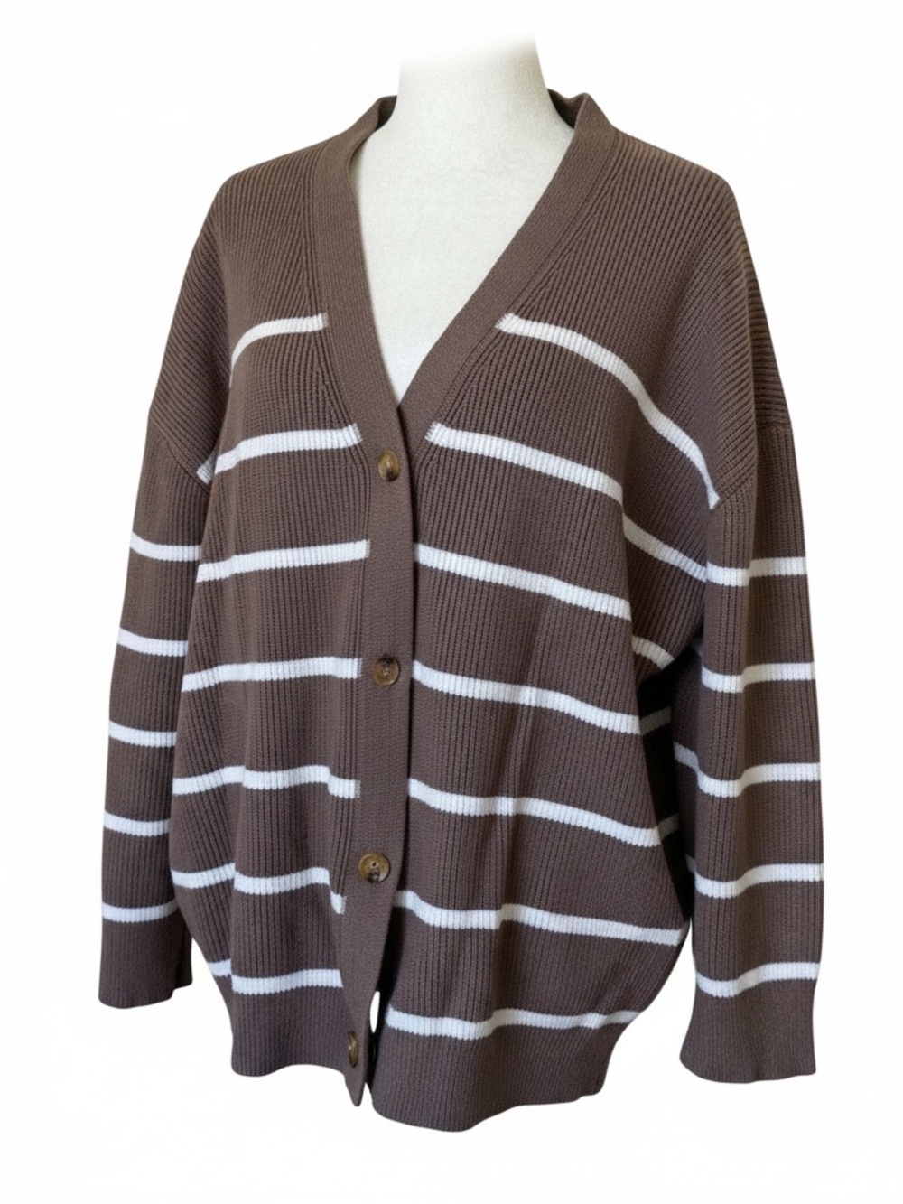Striped Brown V-Neck Button-Front Cardigan